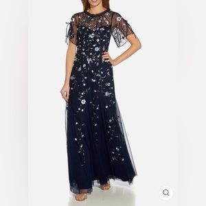 HAND-BEADED ILLUSION LONG BOHO GOWN IN LIGHT NAVY